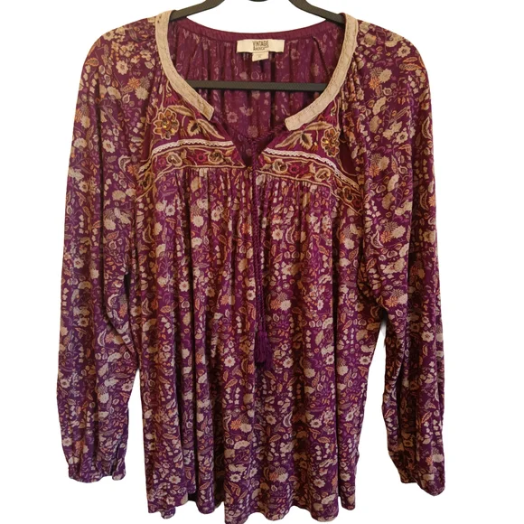 CLEARANCE SALE!! Vintage America Maroon/Purple and Tan Floral Blouse - Picture 1 of 7